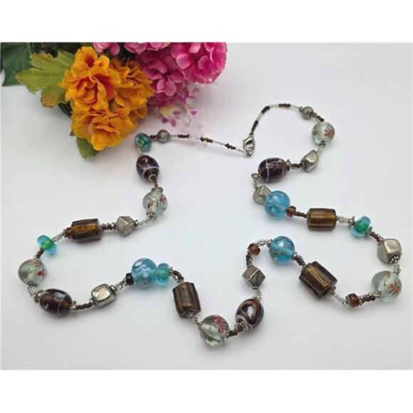 Art Glass Bead Necklace 36" Clear Blue Amber Floral Abstract Silver Tone - Picture 1 of 10